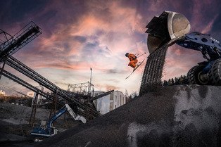 Pushing Boundaries &ndash; Freeride Skier Sybille Blanjean jumps out of an excavator shovel
